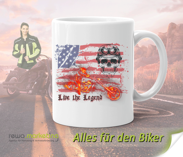 Keramik Kaffeetasse / Becher für Biker mit Motiv - Live the Legend