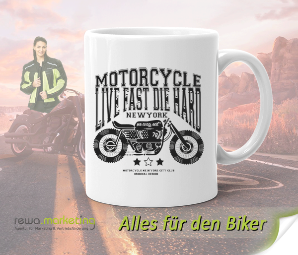 Keramik Kaffeetasse / Becher für Biker mit Motiv - Motorcycle LIVE FAST DIE HARD
