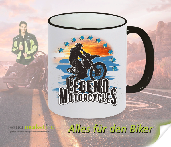 Keramik Ring Kaffee Tasse schwarz - weiss für Biker mit Motiv - Legend Motorcycles
