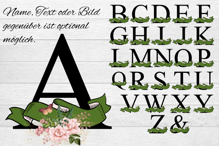 Alphabet- Tasse mit Banner und Blumen